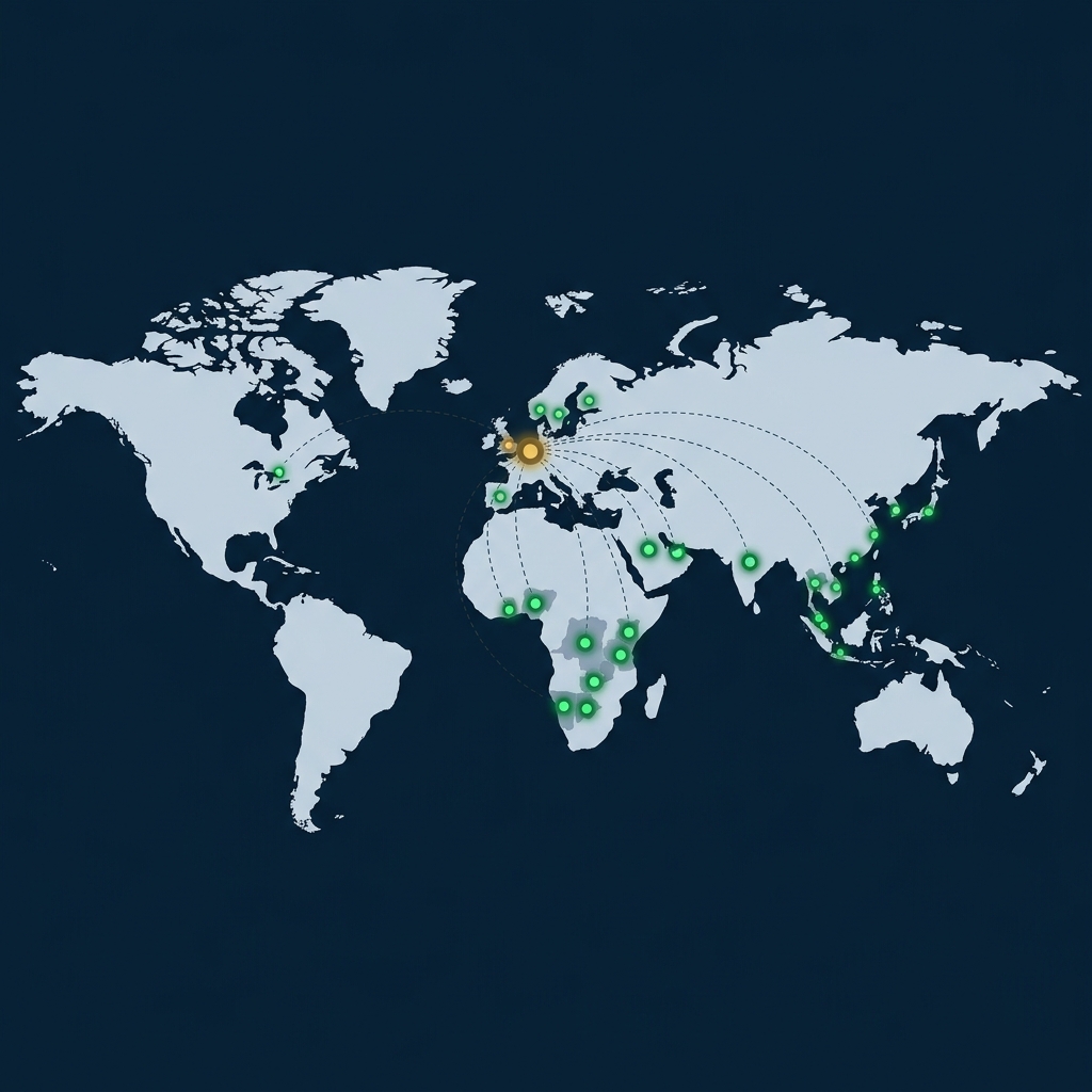 World map showing Resource Revolution Group delivery connections between the UK, Africa, the Middle East, India and Southeast Asia